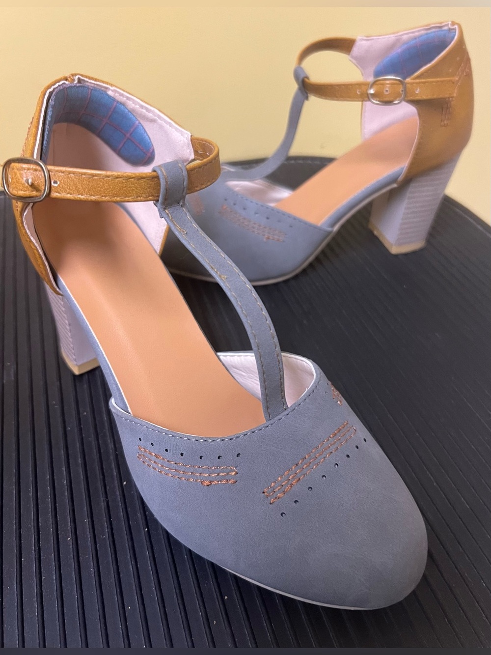 Women’s Two-Tone Gray and Tan T-Strap Block Heel Pumps